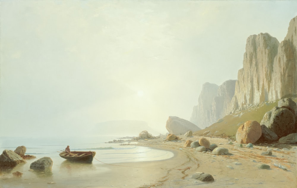 a painting of a beach with a boat in the water