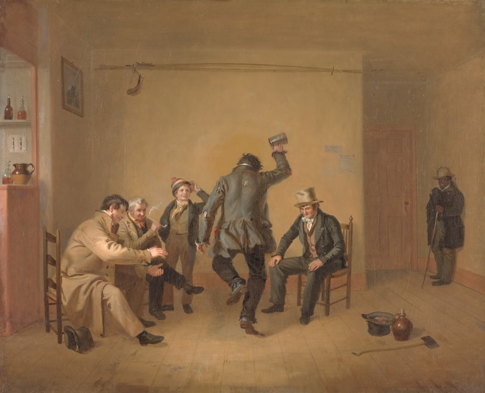 a painting of a group of people in a room