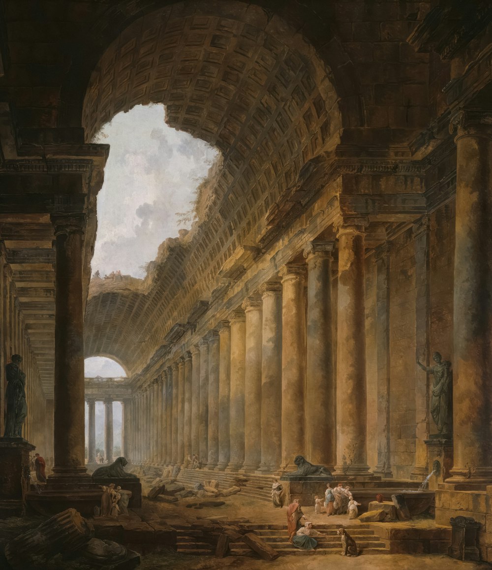 a painting of a large building with columns
