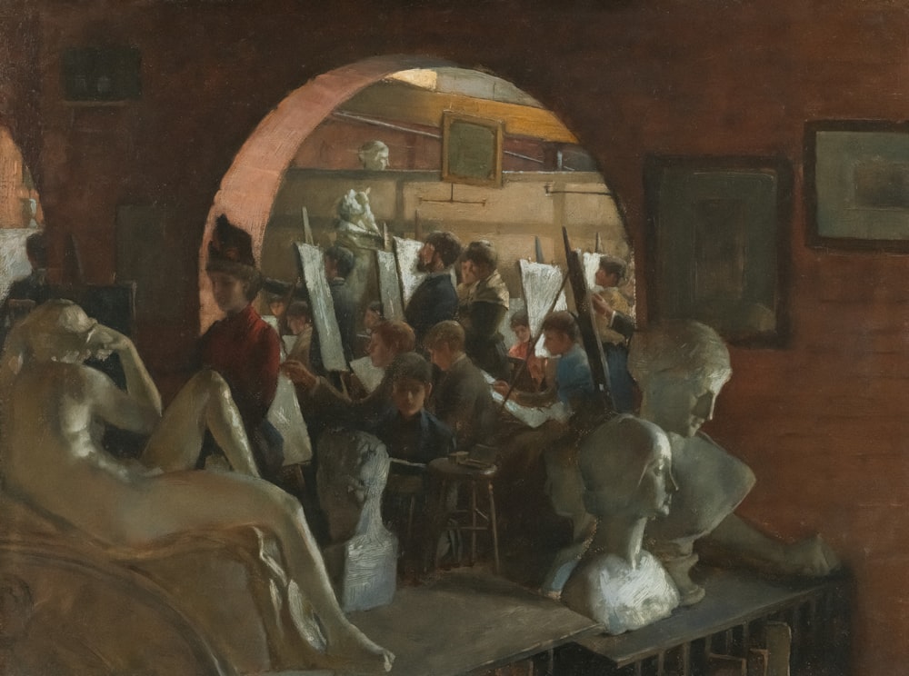 a painting of a group of people in a room