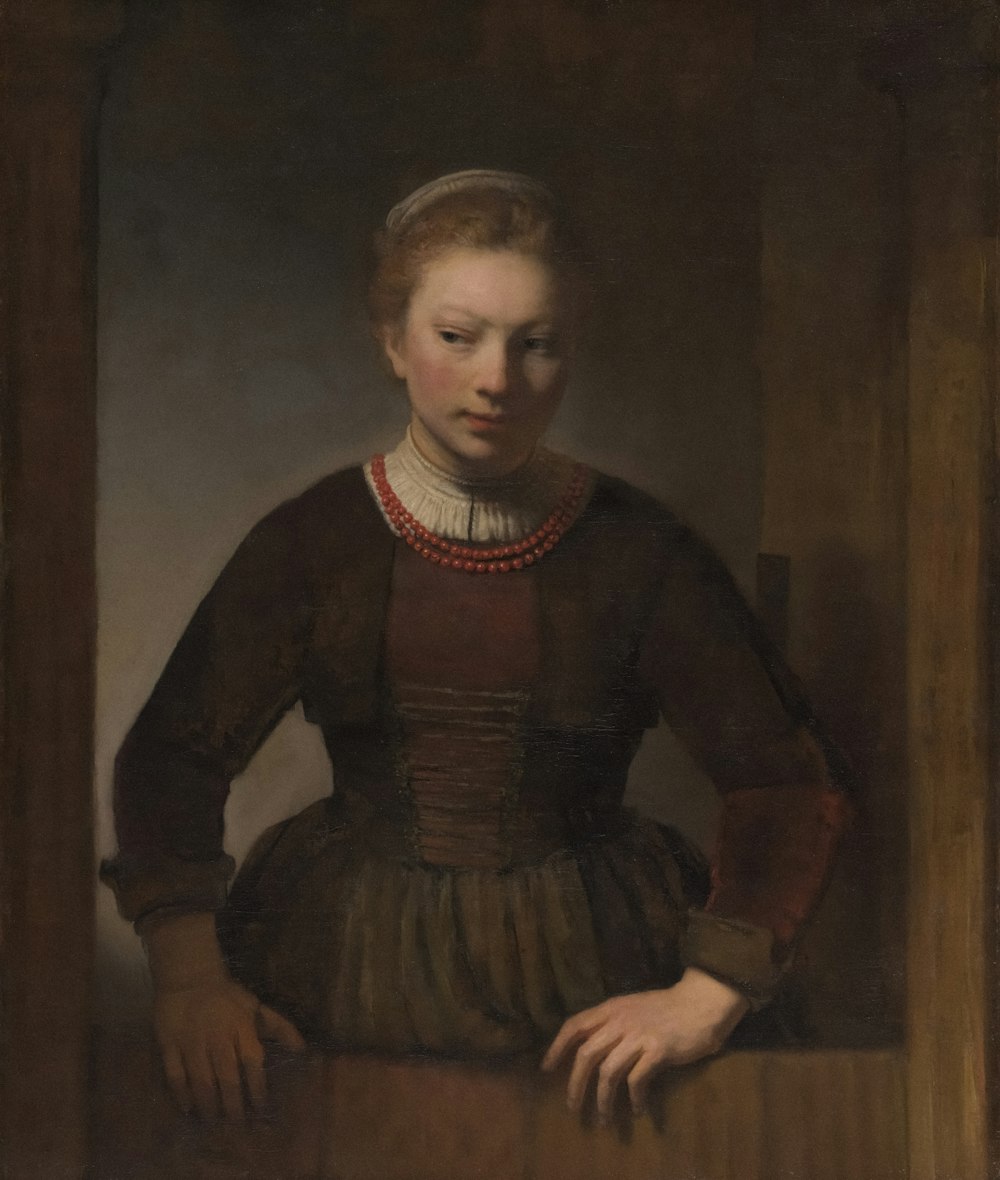 uma pintura de uma mulher em um vestido marrom