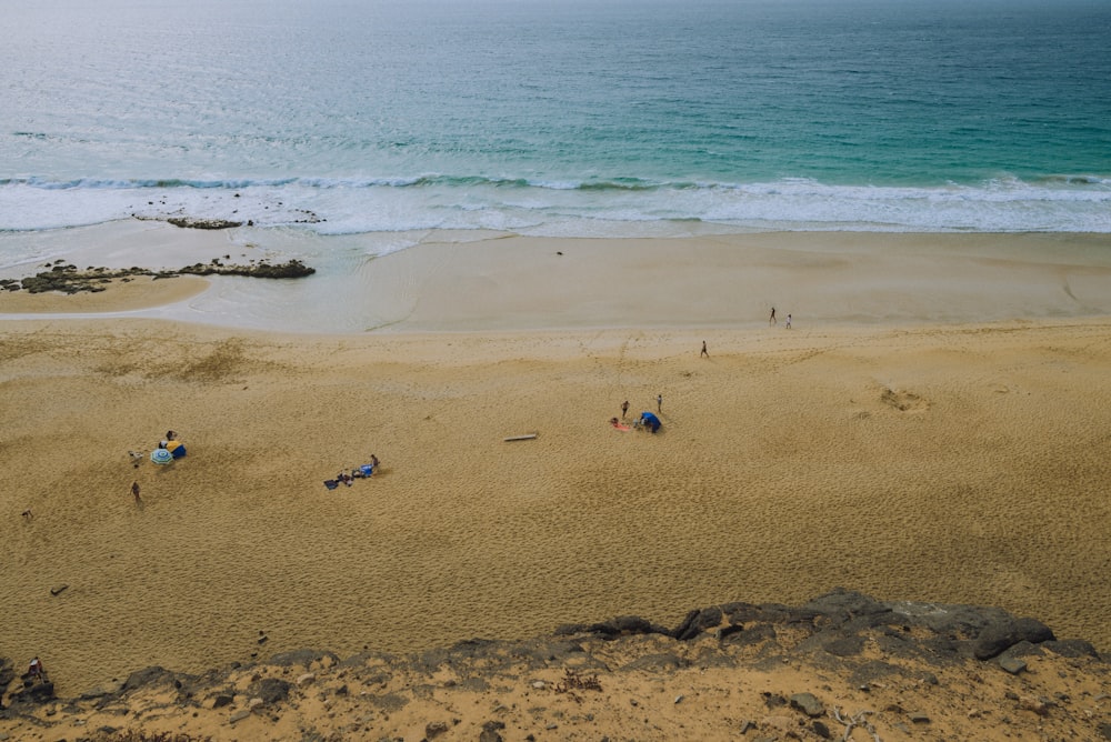 a group of people standing on top of a sandy beach