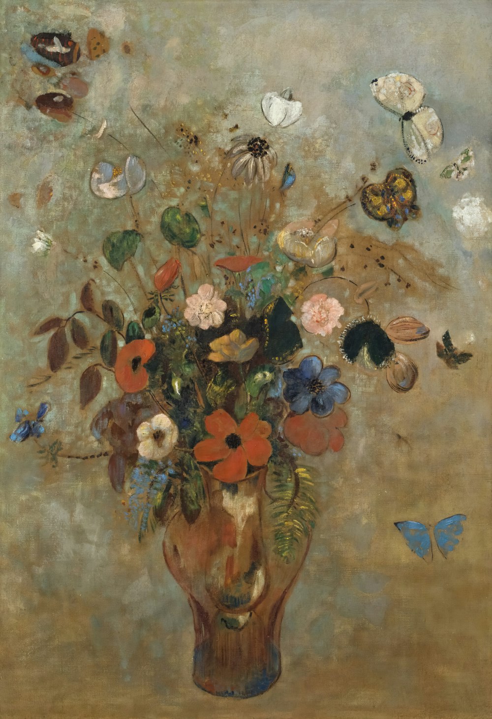 ein Gemälde einer Vase, die mit vielen Blumen gefüllt ist