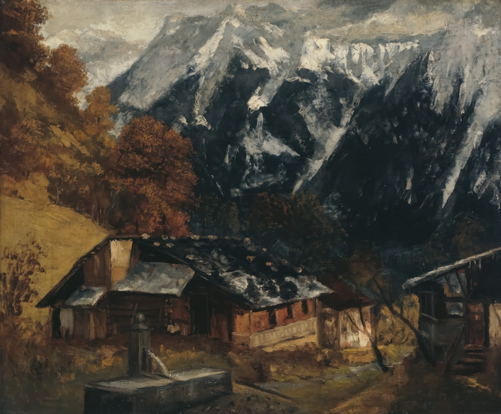 a painting of a mountain scene with a cabin