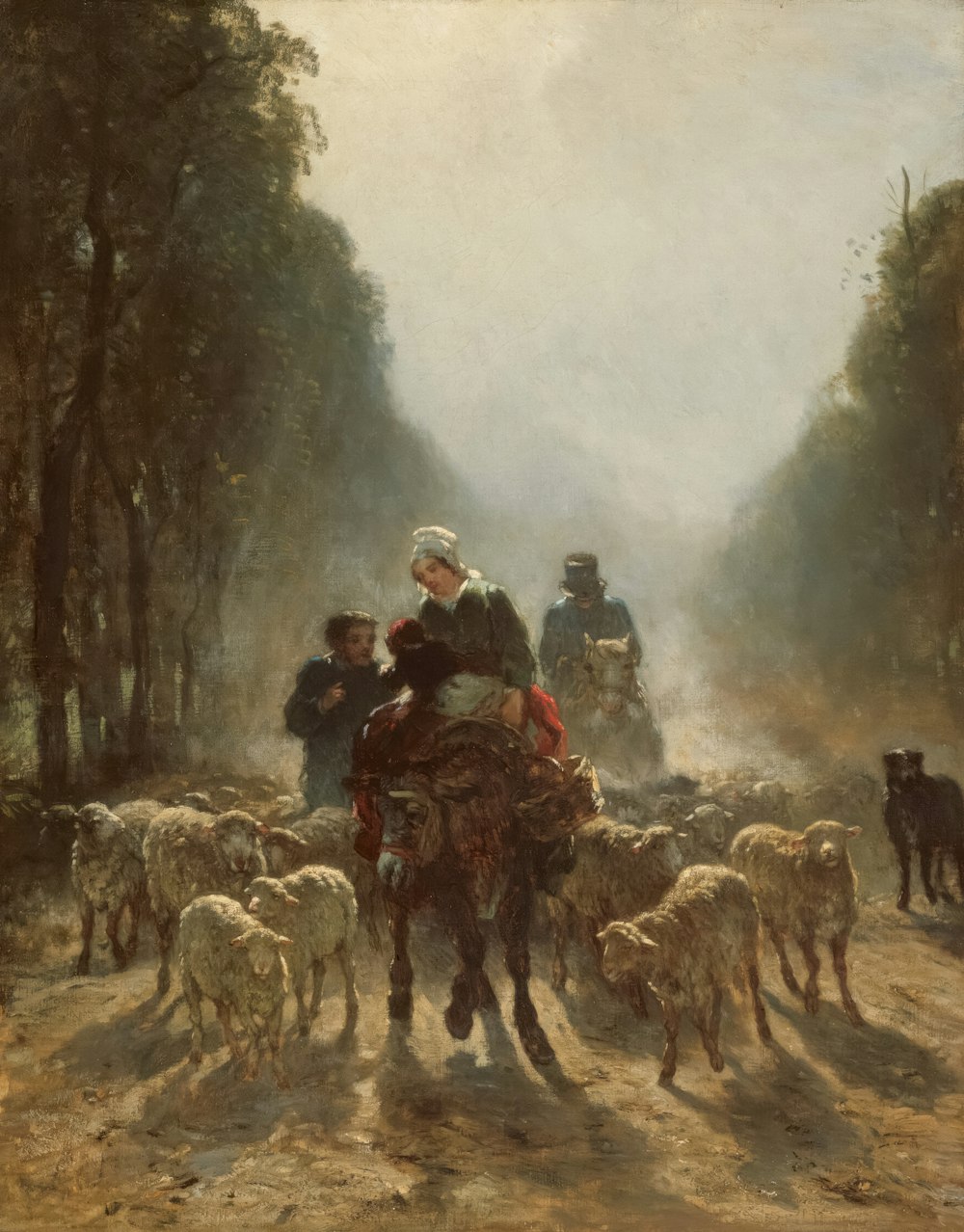 a painting of a group of people riding on the back of a horse