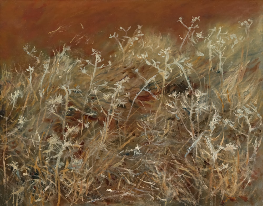 a painting of grass and rocks in a field