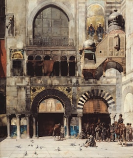A historical city scene with a grand architectural facade featuring large arched windows and intricate stonework. People are gathered in the courtyard below, some interacting with horses while others appear engaged in conversation. Pigeons dot the cobblestone ground.