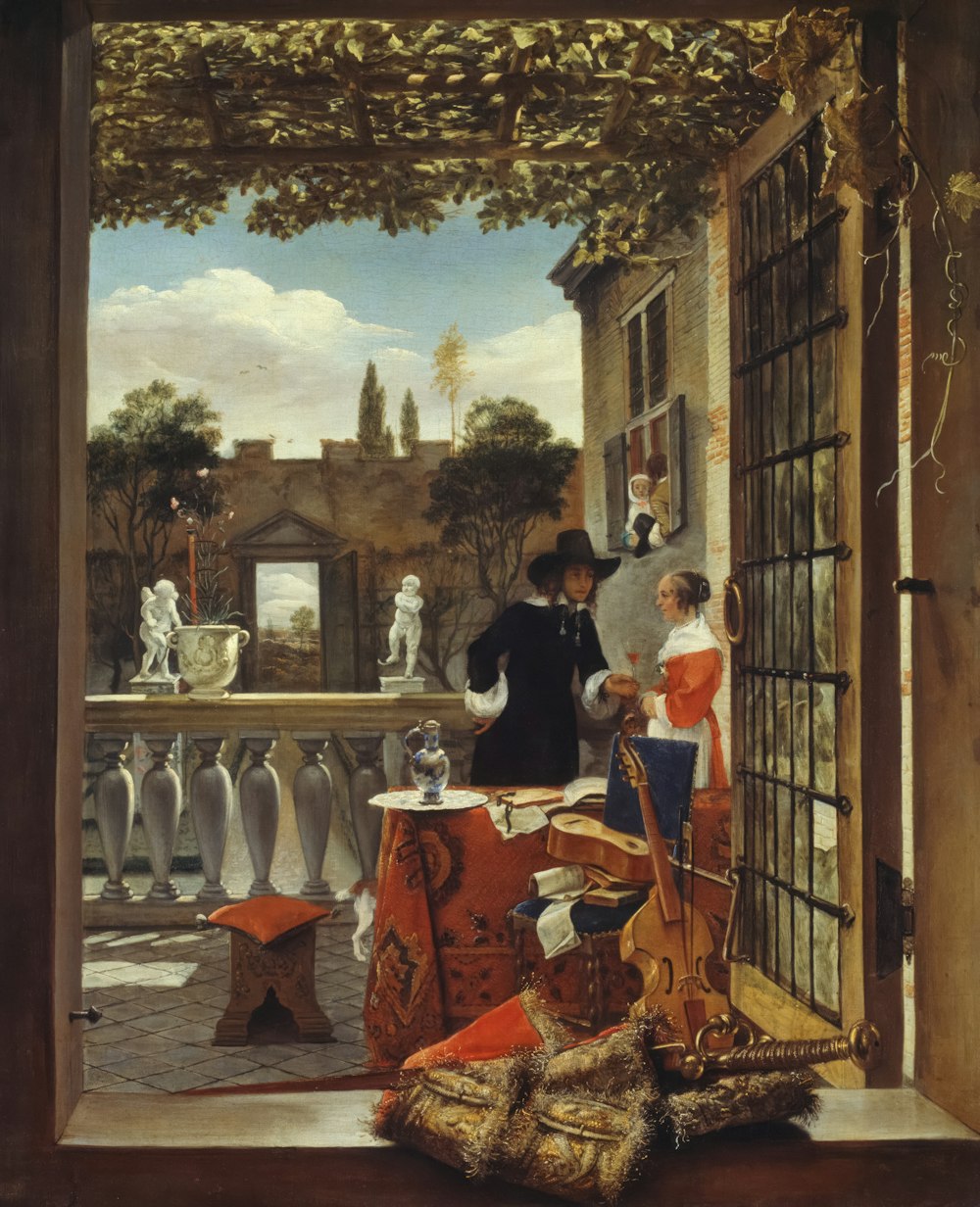 uma pintura de um homem e uma mulher olhando pela janela
