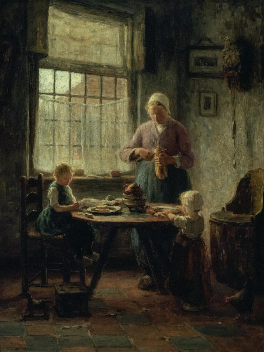 uma pintura de uma mulher e uma criança em uma cozinha
