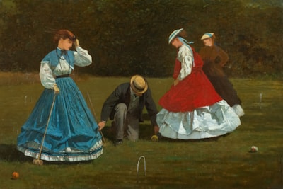 a painting of a group of people playing a game of croquet