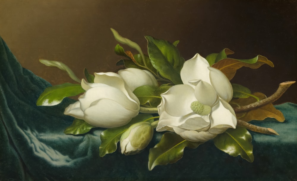 a painting of white flowers on a green cloth