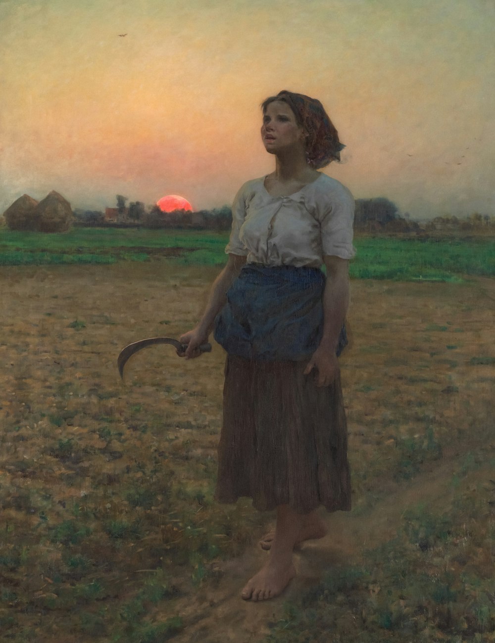 a painting of a woman standing in a field