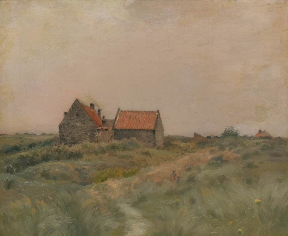 a painting of a house in a field