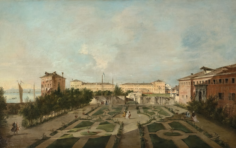 a painting of a garden with people walking around it