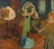 A woman dressed in period clothing is seated, examining a hat she holds in her hands. Around her are several other hats on stands, each with distinct designs and colors. The setting appears to be an interior space with a focus on fashion or millinery.