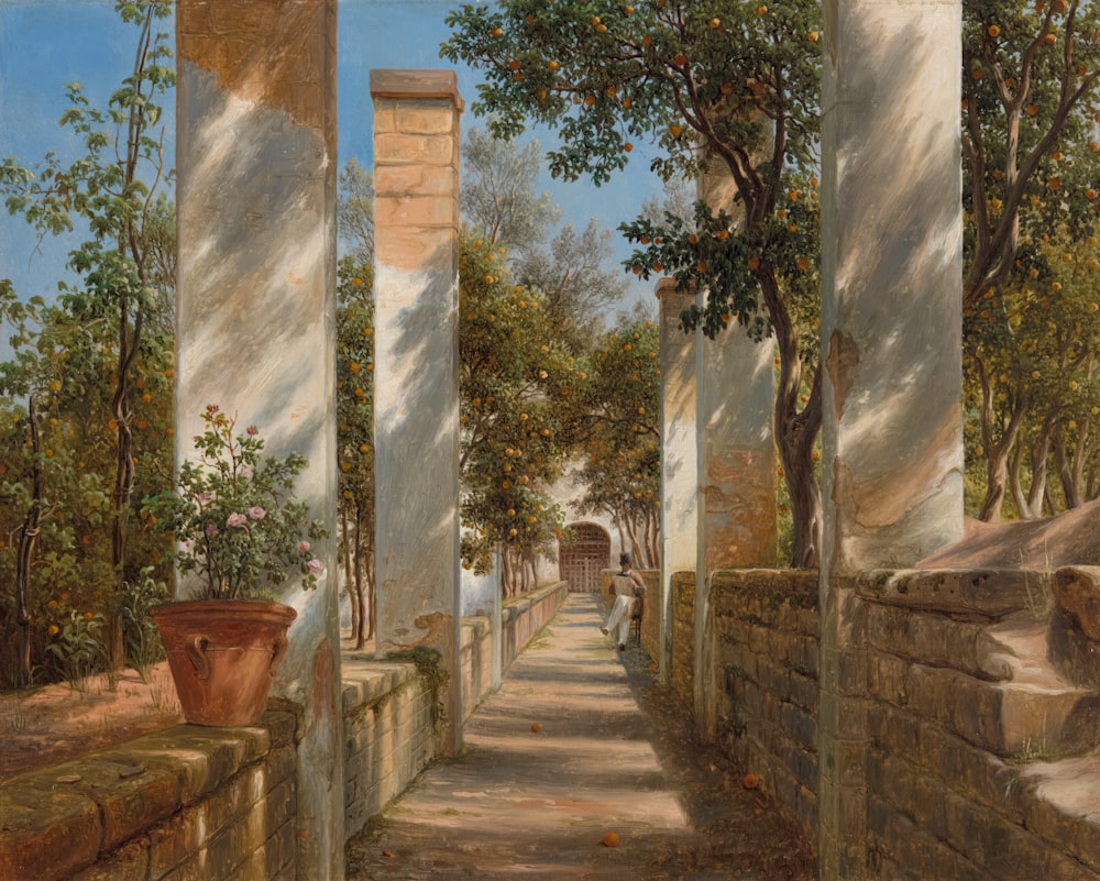 a painting of a street with trees and buildings