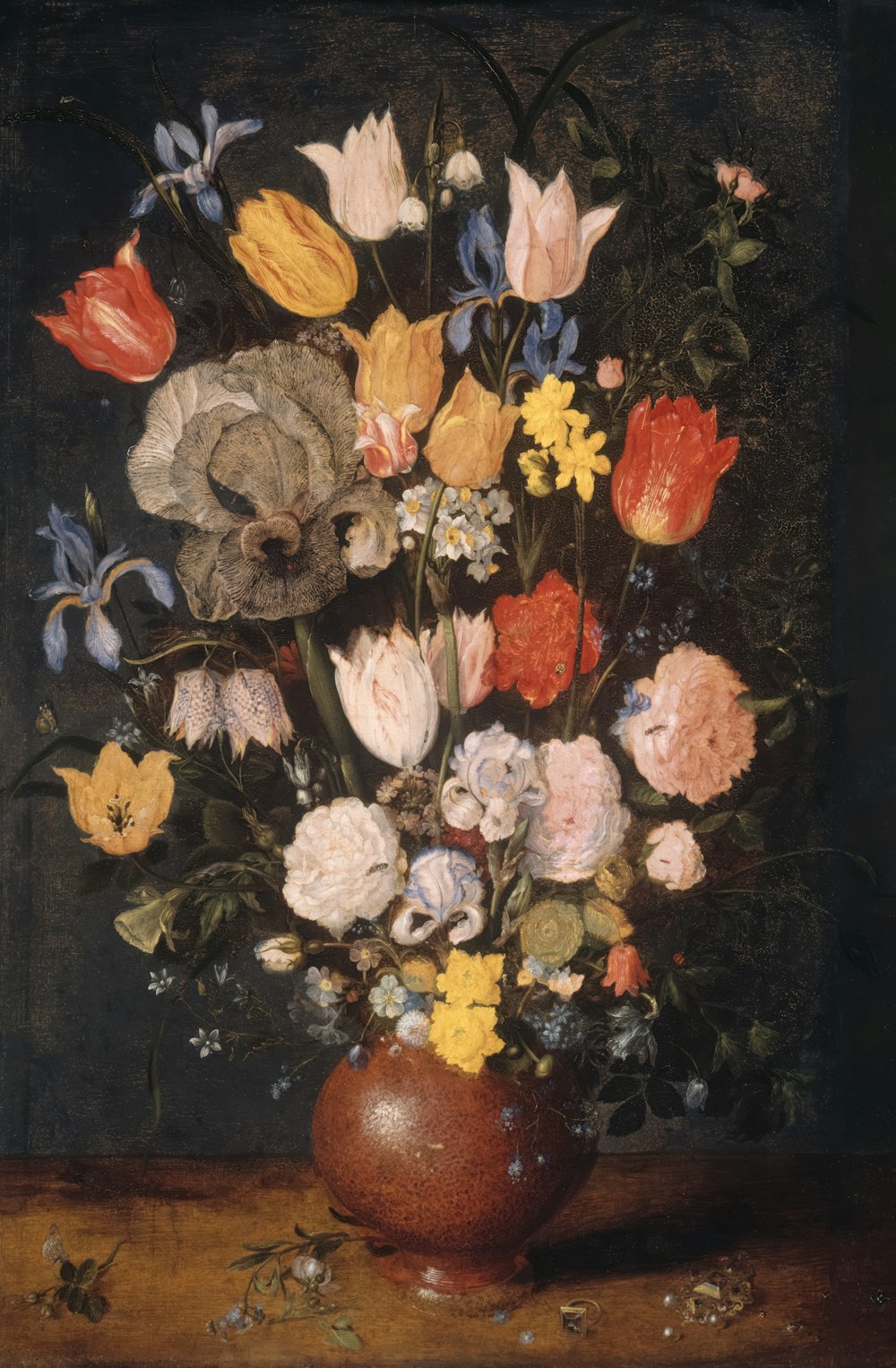 a painting of flowers in a vase on a table