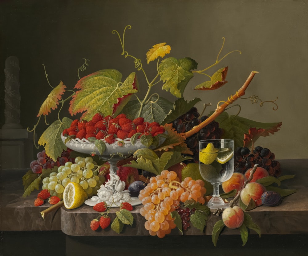 a painting of fruit and a wine glass on a table