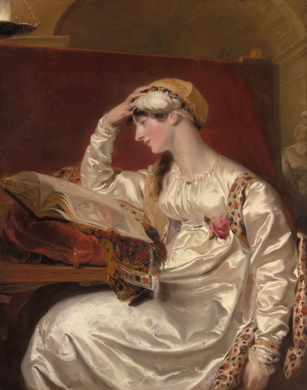 a painting of a woman reading a book