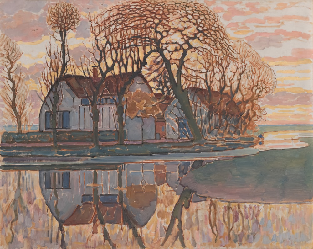 a painting of a house on a lake