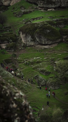 A group of people are walking along a narrow trail through a lush, green landscape dotted with large boulders and patches of moss. The scene appears to be a wooded, hilly area with hints of rocky terrain and scattered vegetation.