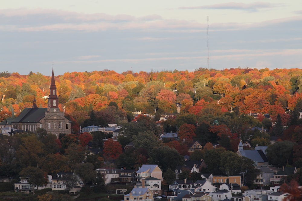 a small town with a steeple in the background