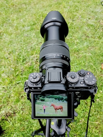 A digital camera on a tripod is pointed downward, displaying an image on its screen of a person standing in a grassy field interacting with a horse. The background shows greenery and possibly distant trees, indicating an outdoor setting.