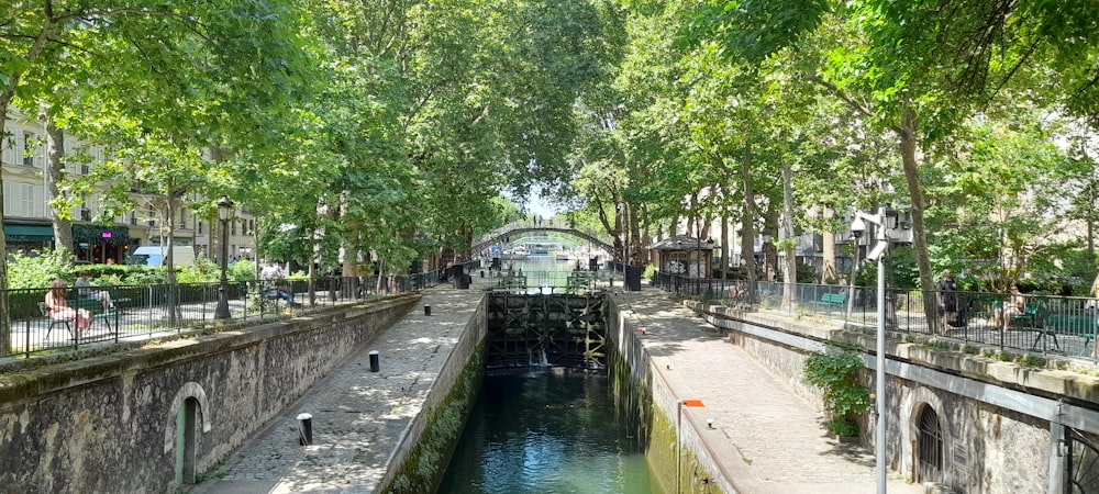 a canal running through a city surrounded by trees