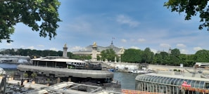A scenic view of the Rive Nord with a taxi in the foreground.