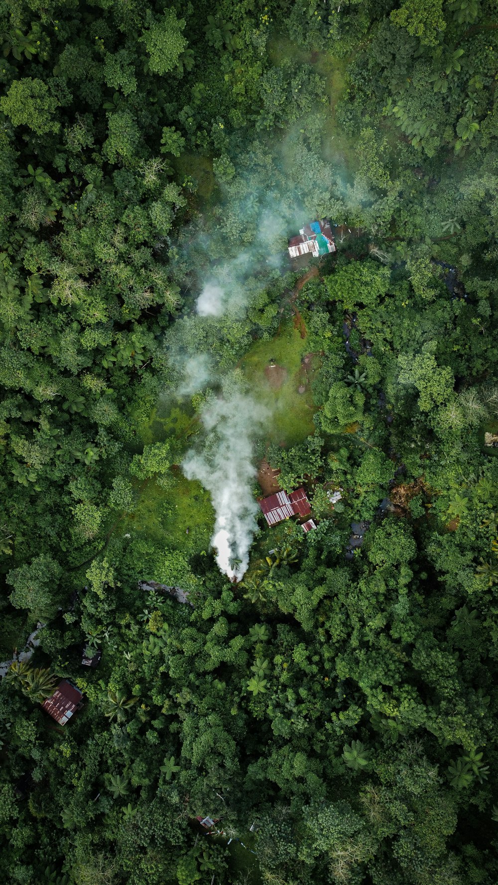 an aerial view of a house in the middle of a forest