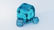 Several translucent blue glass cubes are arranged on a smooth surface. The cubes vary in size, with the largest one prominently placed, displaying interesting reflections and refractions of light. The background is a subtle gradient of light colors, enhancing the clarity and vividness of the cubes.