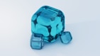 Several translucent blue glass cubes are arranged on a smooth surface. The cubes vary in size, with the largest one prominently placed, displaying interesting reflections and refractions of light. The background is a subtle gradient of light colors, enhancing the clarity and vividness of the cubes.