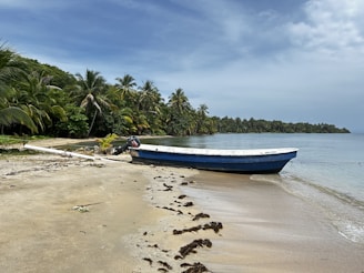 a blue boat sitting on top of a sandy beach