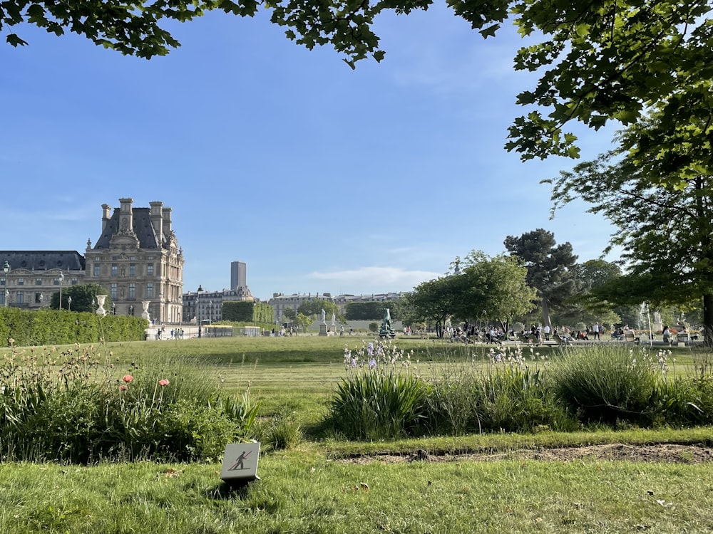 a park with a large building in the background