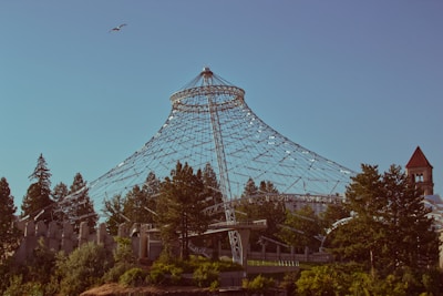 A large, intricate metal structure resembling a tent is surrounded by tall trees and a clear blue sky. The structure features a network of metal cables and beams, creating a geometric pattern. To the right, part of a building with a pointed roof is visible, and a lone bird flies in the sky.