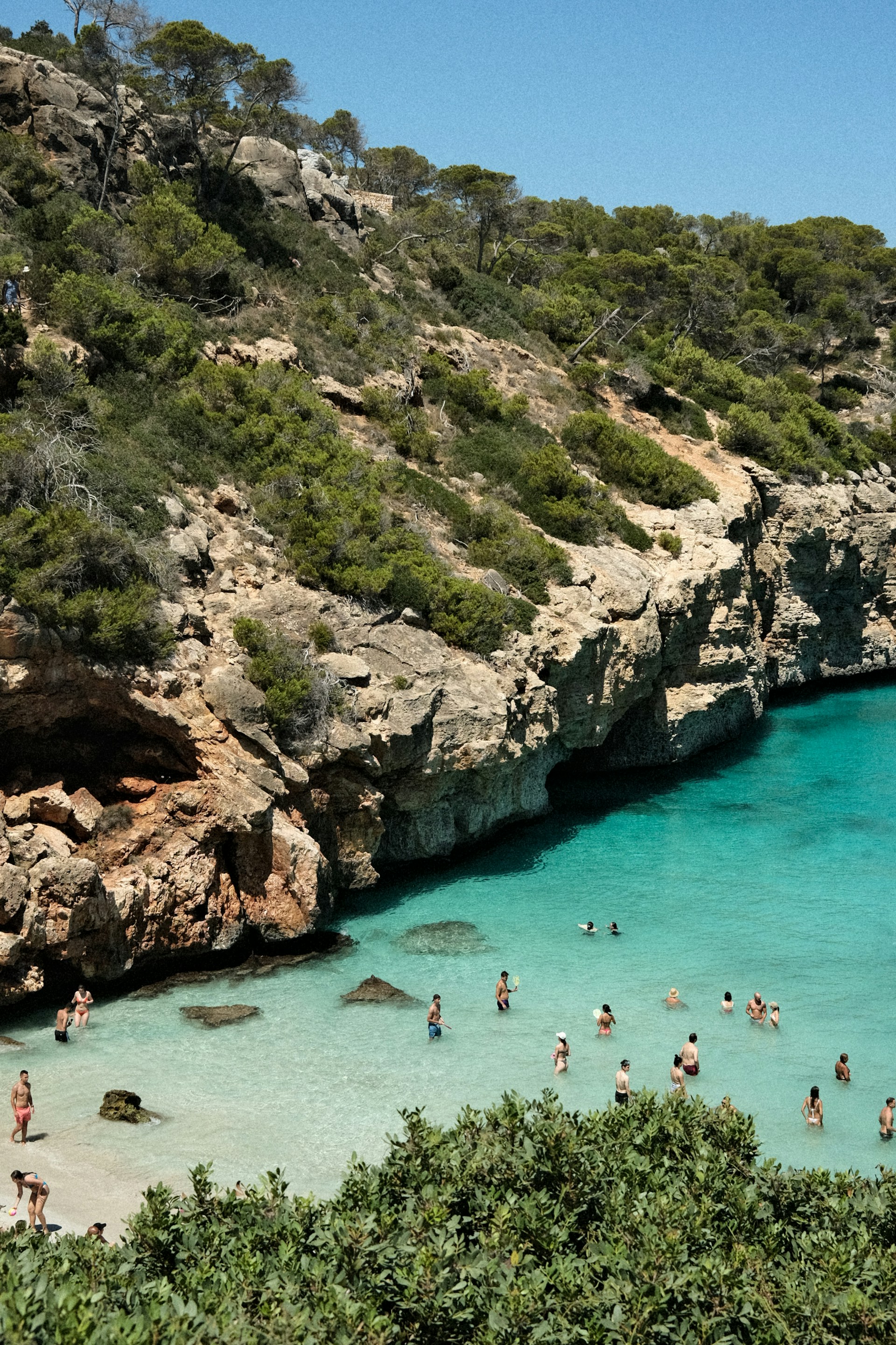 Guests enjoying a swim break in a natural cove with clear blue water, the pirate ship anchored nearby, and bright sunlight illuminating the scene.