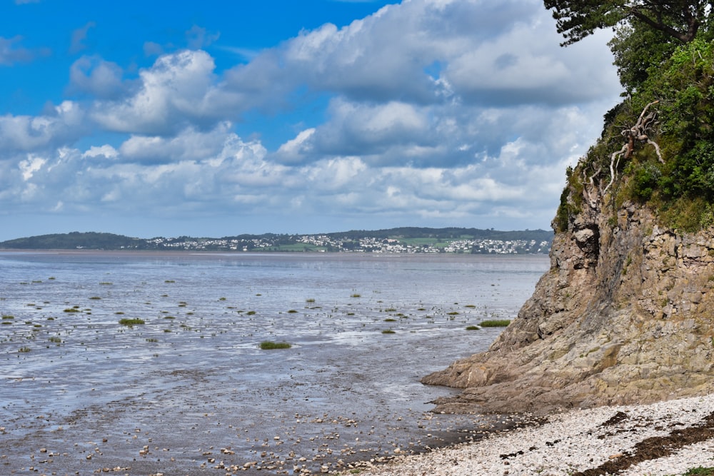 a large body of water sitting next to a lush green hillside