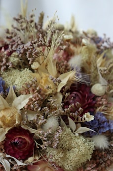 A collection of dried flowers and plants featuring a variety of textures and colors, including shades of red, purple, blue, beige, and yellow. The arrangement includes strawflowers, moss, and clusters of small blossoms, creating an intricate, natural composition.