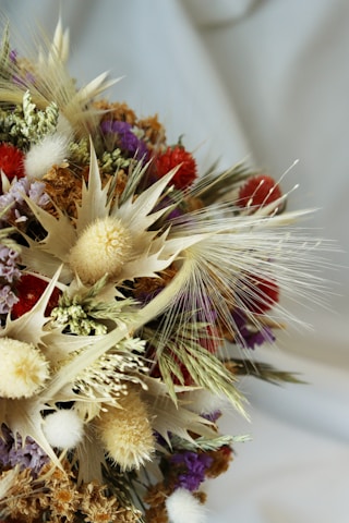 A close-up view of a dried flower bouquet featuring a variety of shapes and textures. The arrangement includes spiky, fluffy, and delicate elements in a mix of natural and vibrant colors. Feathery grass accents and a blend of beige, red, purple, and white tones create an intricate and visually interesting composition.