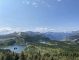 A vast landscape of lush green valleys and dense forests spread out under a clear blue sky. Snow-capped mountain peaks rise in the background, while a serene lake reflects the surrounding natural beauty.