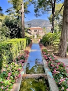 a garden with a water feature in the middle of it