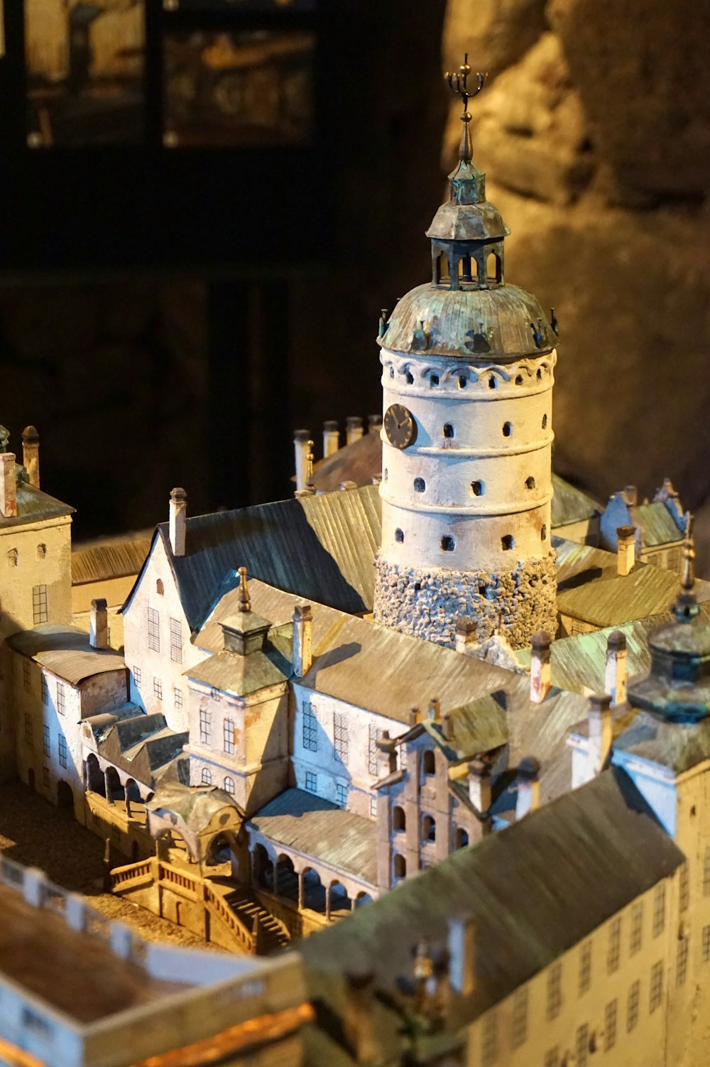 a model of a town with a clock tower