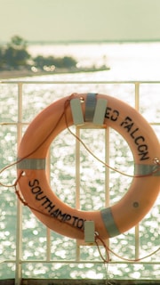 An orange lifebuoy with silver reflective strips is mounted against a railing overlooking a sunny body of water. The water sparkles in the background, and the lifebuoy has 'SOUTHAMPTON' and another partially visible text written on it.