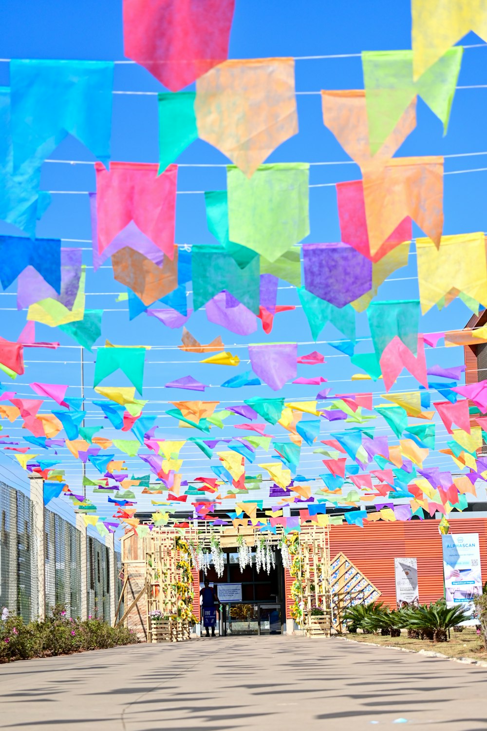 a bunch of colorful kites hanging from a line
