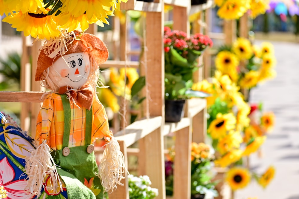 a bunch of sunflowers that are on a rack