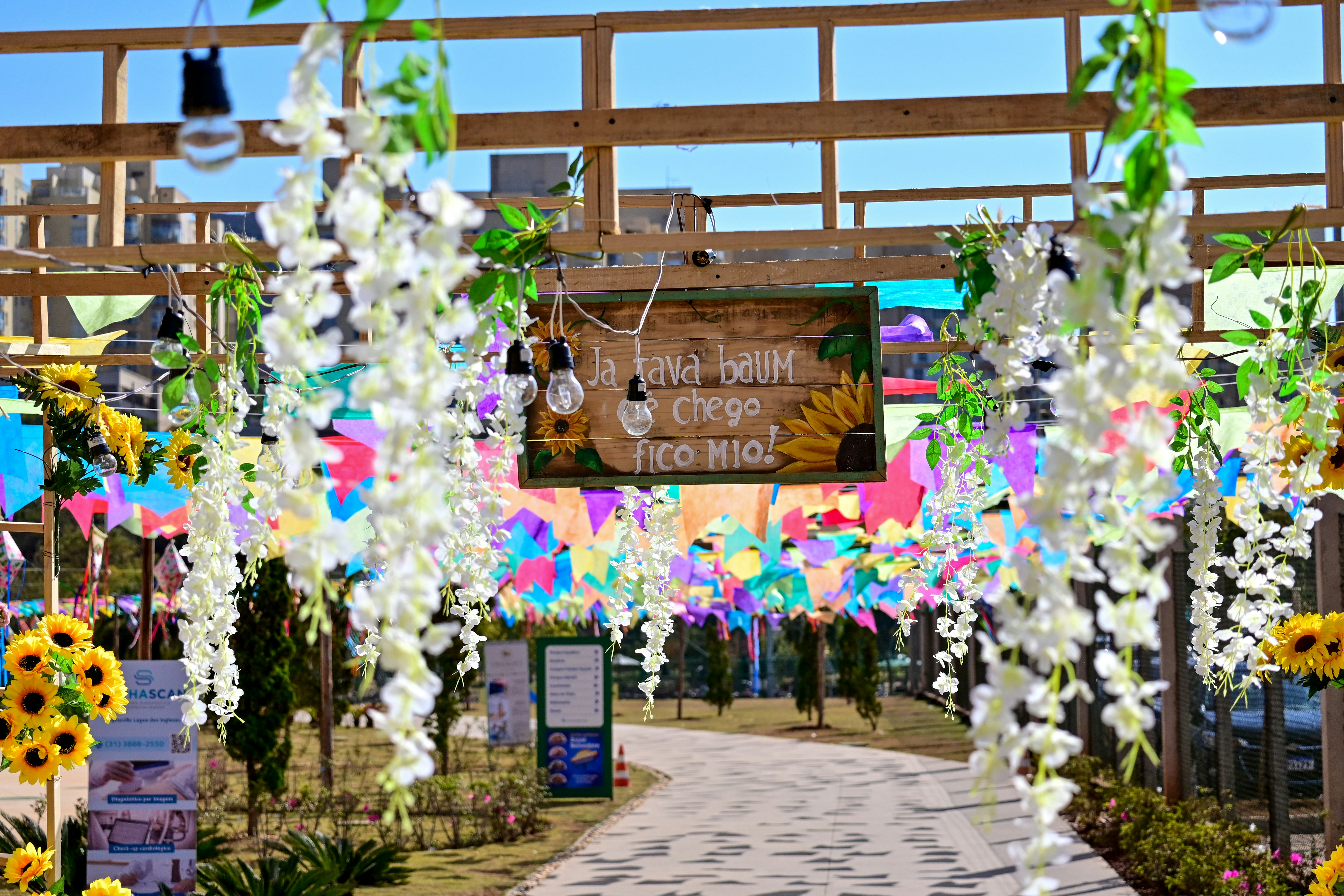 a bunch of flowers that are on a walkway, The vibrant Brazilian Junino festival is adorned with colorful balloons, flowers, flags, and captivating decorations.