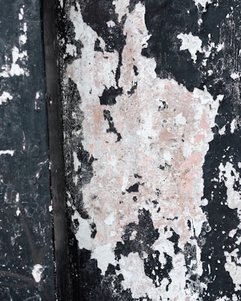 Peeling paint on a rough, weathered surface shows layers of color, mainly black and white, with hints of pink. The paint chips reveal an aged, rugged texture, suggesting neglect or wear over time.