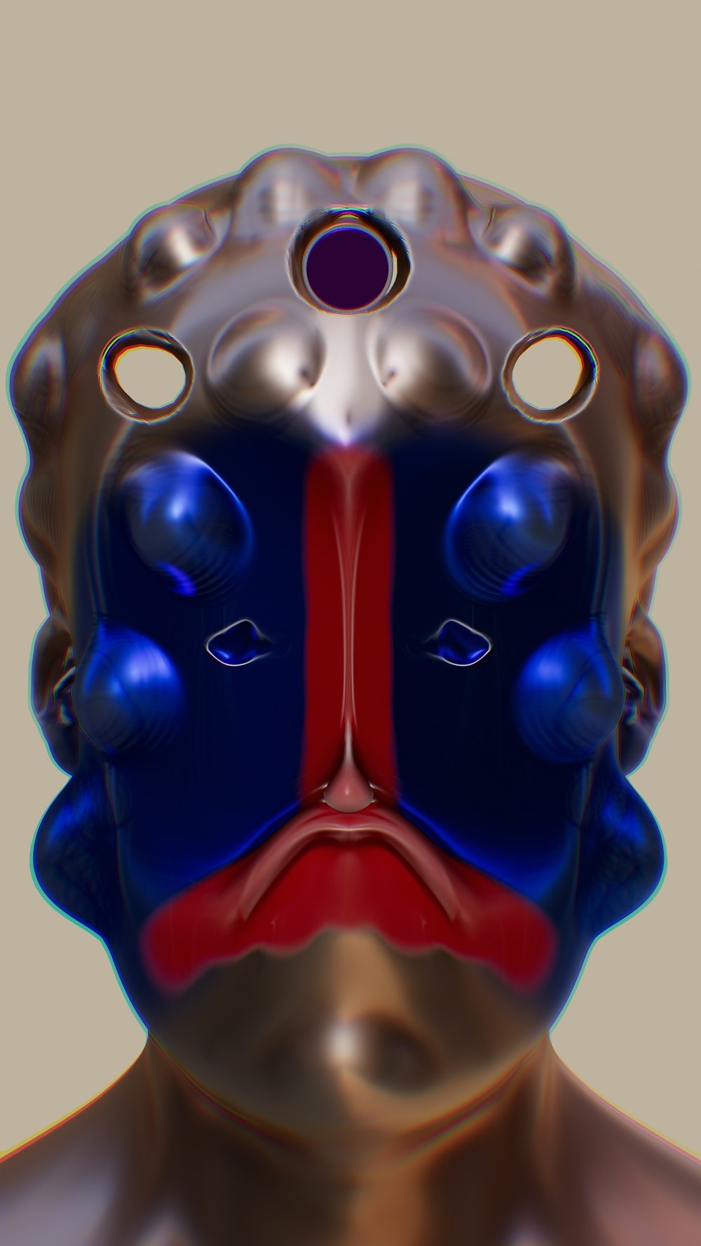 파란색과 빨간색 마스크를 쓴 남자 얼굴의 3D 이미지