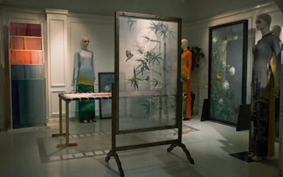 Elegant display of a flowing beige caftan with subtle Moroccan patterns in a softly lit boutique setting.