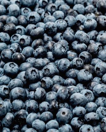A dense, close-up view of numerous fresh blueberries, displaying their natural deep blue and purple hues, covered with a slight, natural frosty coating.